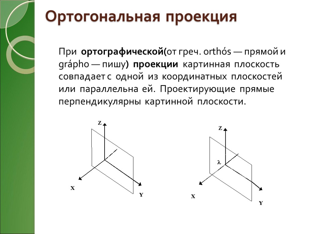 Ортогональная проекция При ортографической(от греч. orthós — прямой и grápho — пишу) проекции картинная